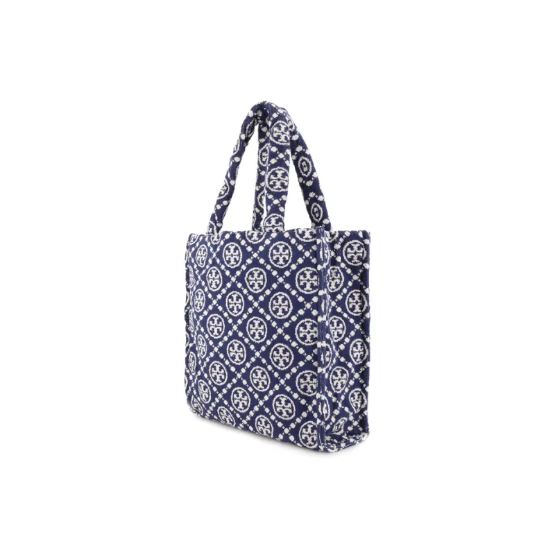 TORY BURCH T Monogram Terry Cloth Cotton Blend Fabric Tote Bag Shopping Bag Handbag Shoulder Bag Women's Marine Blue-3