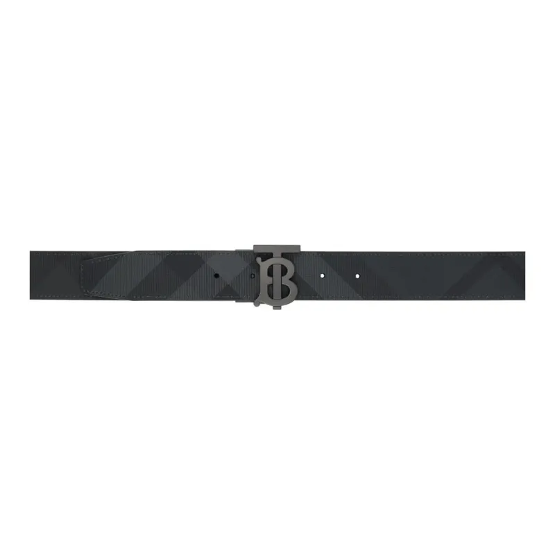 Burberry Plaid Patterned Print Detail Leather Leather Belts Men's Black Width: 3CM-0