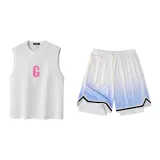 White/Pink Tank Tops+Gradient Blue Shorts