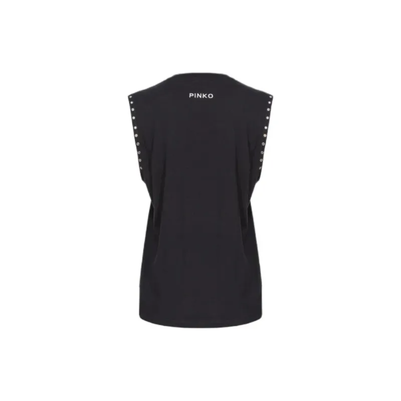 PINKO Embroidered Crew Neck Cinched Waist Sleeveless T Shirt Women's Black-1