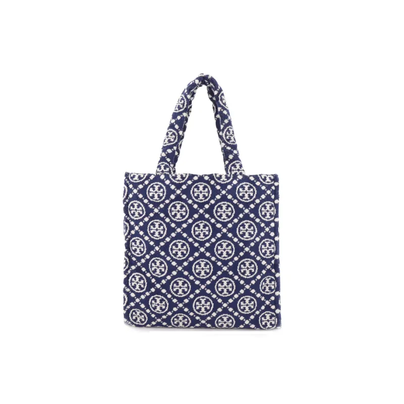 TORY BURCH T Monogram Terry Cloth Cotton Blend Fabric Tote Bag Shopping Bag Handbag Shoulder Bag Women's Marine Blue-1