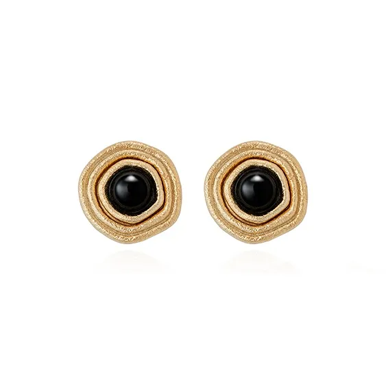 NEVERFAR Black Agate S925 Sterling Silver Stud Stud Earrings Unisex-0