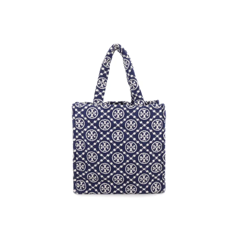 TORY BURCH T Monogram Terry Cloth Cotton Blend Fabric Tote Bag Shopping Bag Handbag Shoulder Bag Women's Marine Blue-5