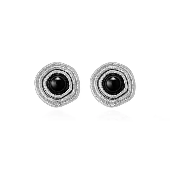 NEVERFAR Black Agate S925 Sterling Silver Stud Stud Earrings Unisex-1