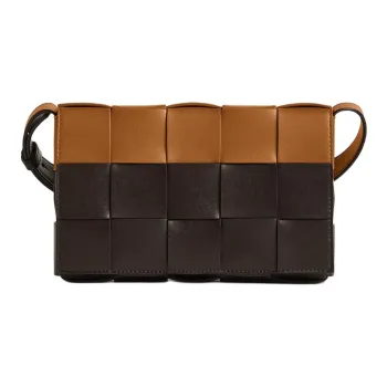 Bottega Veneta CASSETTE Calfskin Shoulder Bag Crossbody Bag Medium Size Men's Dark Brown & Brown