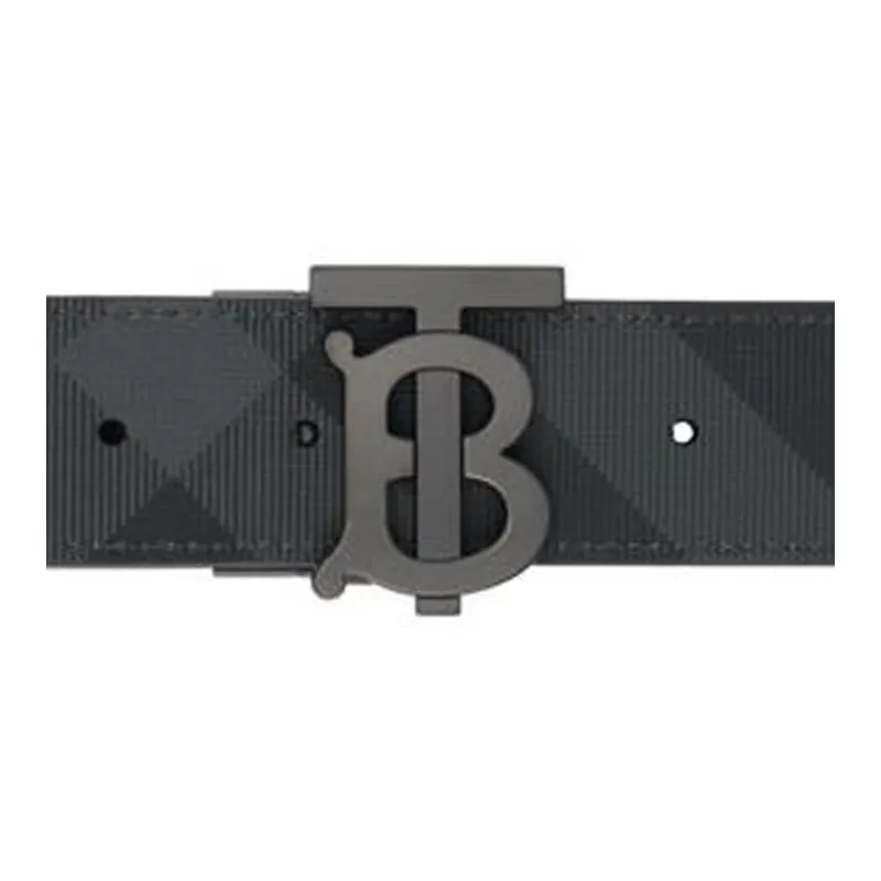 Burberry Plaid Patterned Print Detail Leather Leather Belts Men's Black Width: 3CM-2