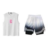 White/Pink Tank Tops+Gradient Gray Shorts