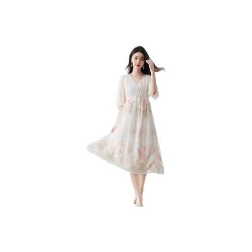 To the west Long-Sleeved Dresses Women's White Base Pink Large Floral Embroidered