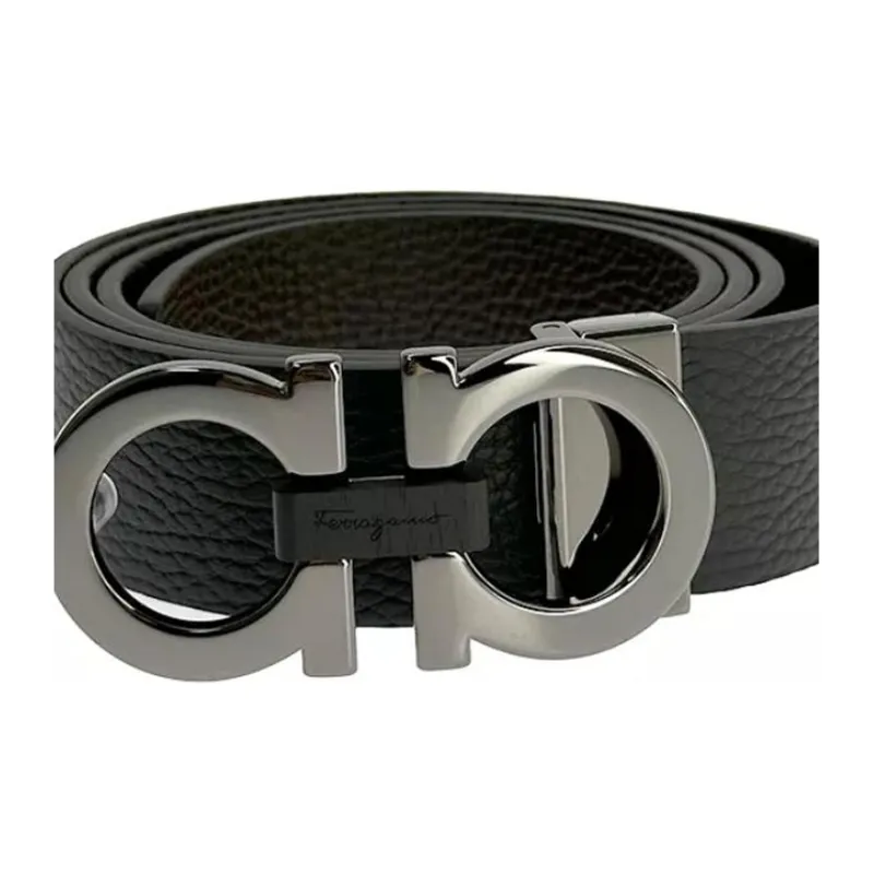 FERRAGAMO Solid Color Design, Pin Buckle Leather Belts Men's Black-2