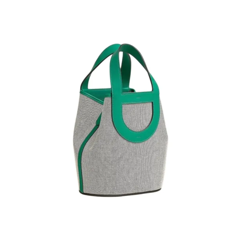 HERMES In The Loop Canvas With Swift Calfskin Vegetable Basket Pig Nose Bucket Bags Handbags Women's Gray & Green-2