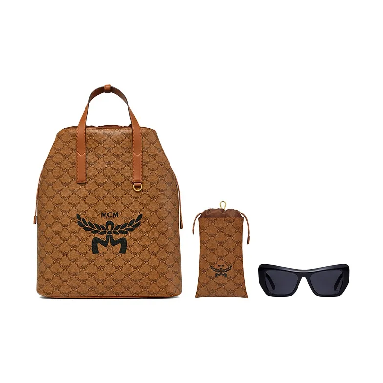 MCM Canvas With Leather Backpack Medium Size Men's Cognac Brandy Brown & Black-3
