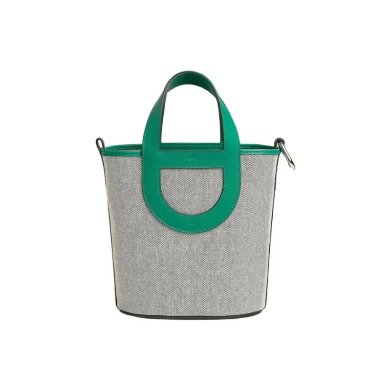 HERMES In The Loop Canvas With Swift Calfskin Vegetable Basket Pig Nose Bucket Bags Handbags Women's Gray & Green-0