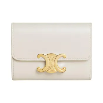 CELINE Triomphe Shiny Cow Leather Coin Purses Wallets Mini Women's White