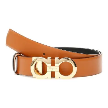 FERRAGAMO Badge Carving Detail Smooth Buckle Leather Belts Women's Brown 3.5CM