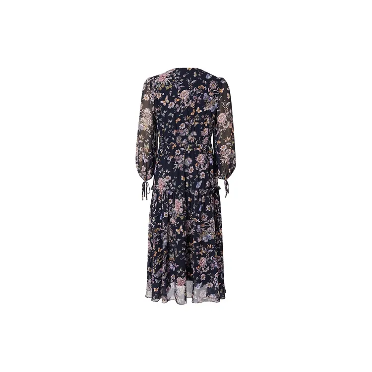Hopeshow Long Sleeved Dress Women's Black Sole Pink Floral-1