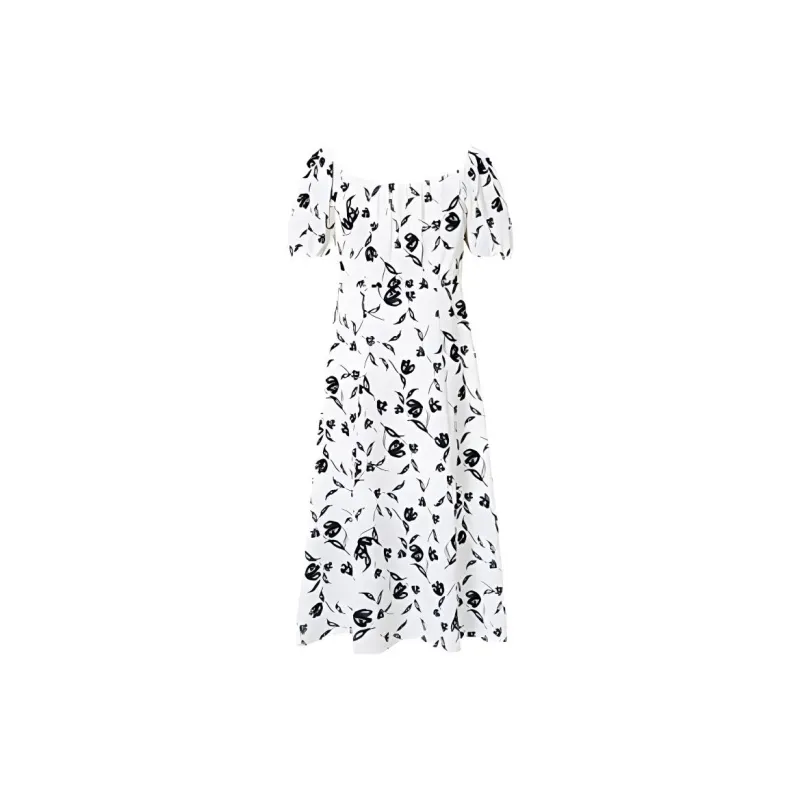 Hopeshow Short Sleeved Dress Women's Beige With Black Floral-1