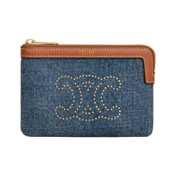 CELINE Triomphe Denim Cow Leather Patchwork Coin Card Holder Women's Blue