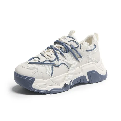 LISATANG Anti-Slip Wear-Resistant Breathable Height Increasing Low-Top Chunky Sneakers Women's Beige Blue