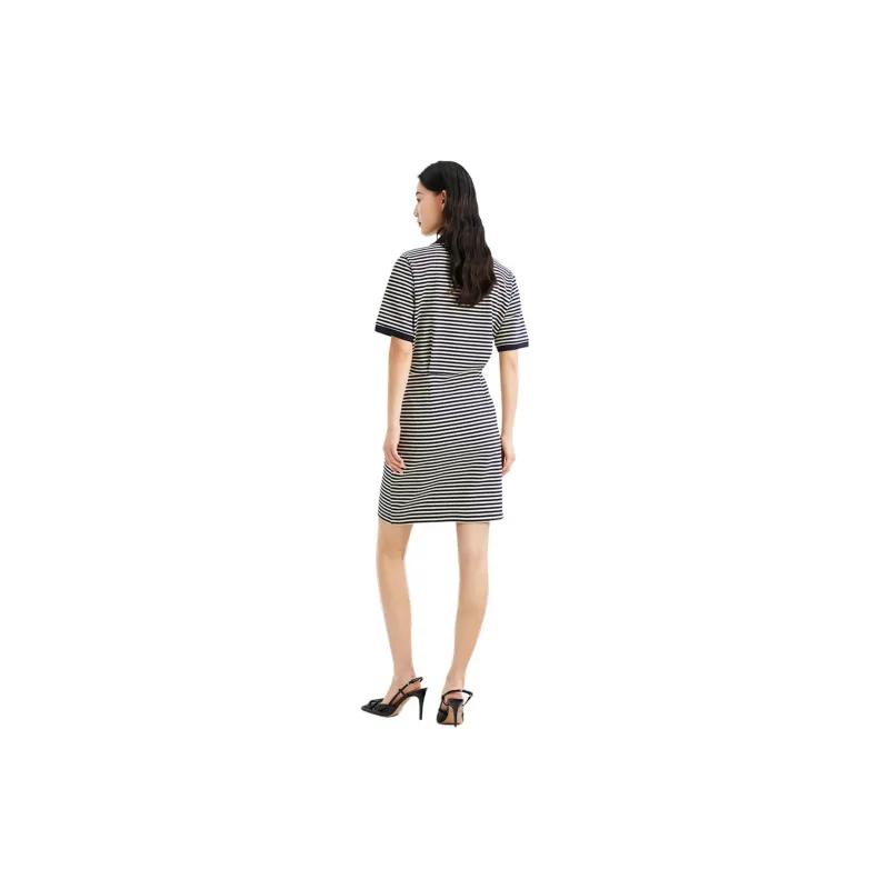Hopeshow Short Sleeved Dresses Women's Navy Blue Stripes-1