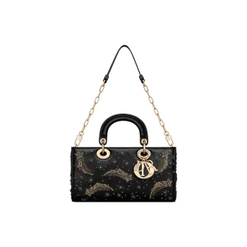 DIOR Lady D-JOY Lambskin Portable Crossbody Bag Shoulder Bag Medium Size Women's Black