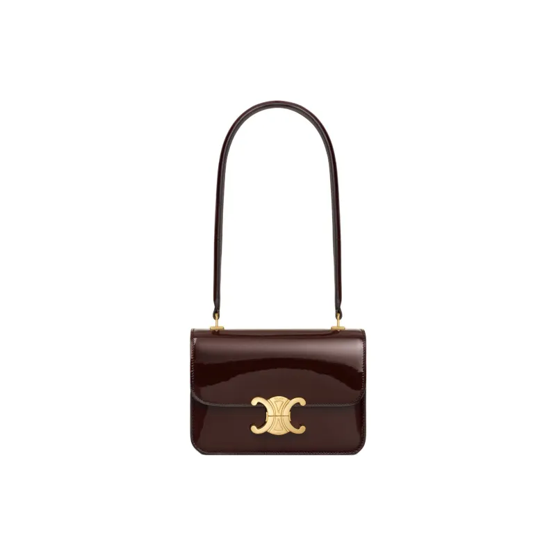 CELINE Lacquered Finish Cow Leather Handbag Shoulder Bag Women's Dark Brown-0