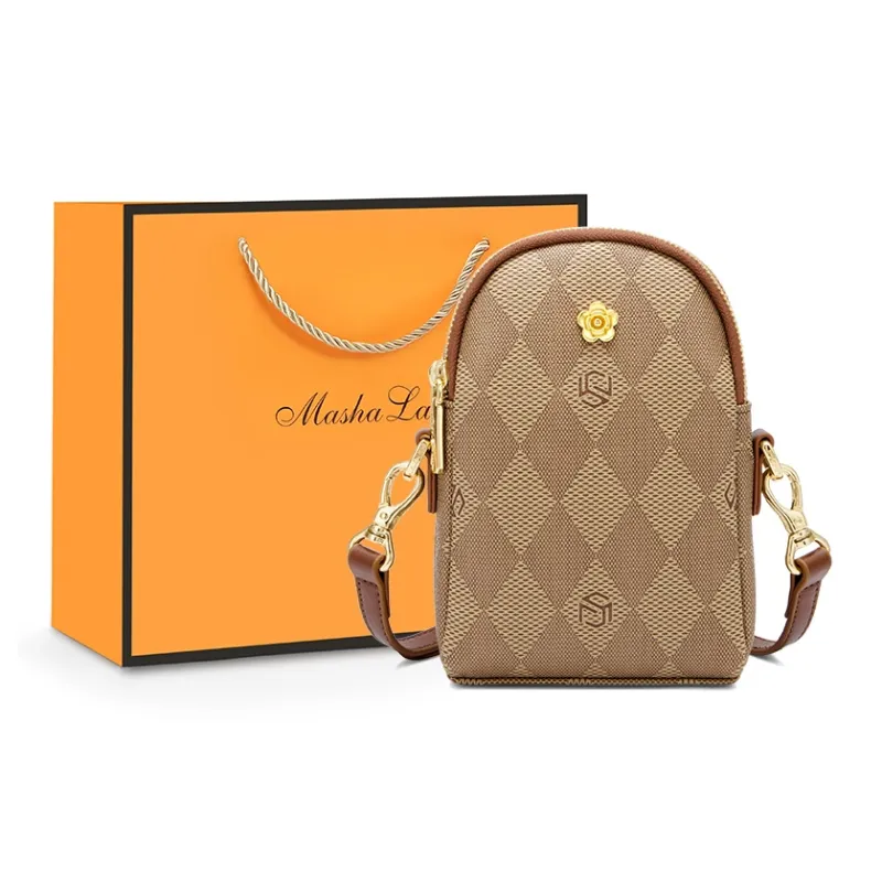 MashaLanti PVC Shoulder Bag With Cell Phone Pouch Small Size Women's Dark Brown & Apricot/Coffee & Burgundy-17