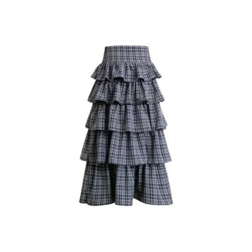 SKYA Casual Long Skirts Women's Gray White Plaid