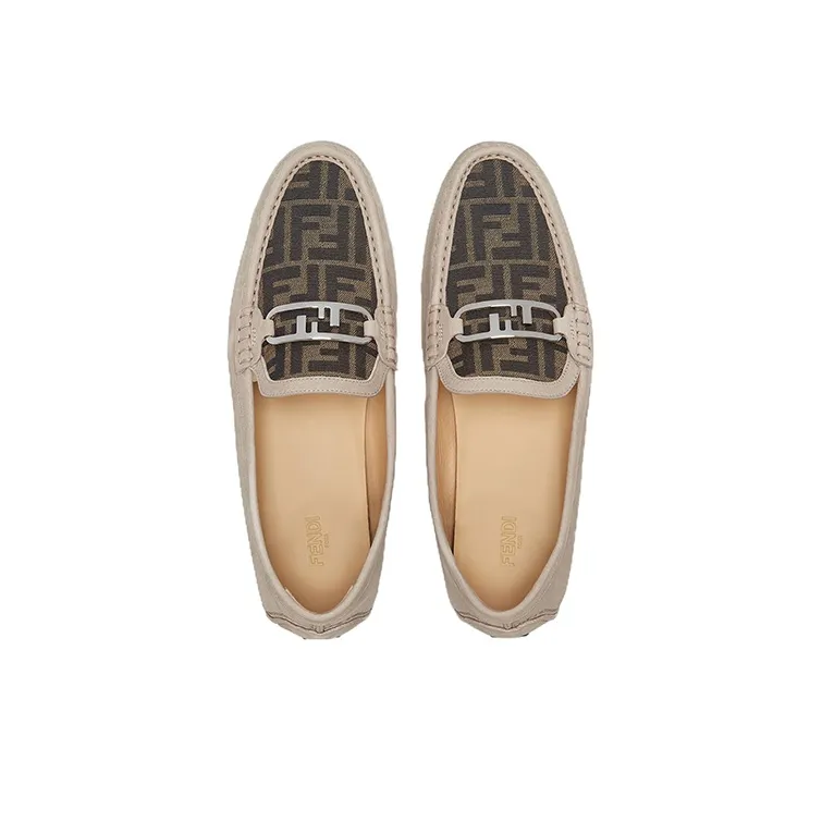 FENDI O'Lock Casual Leather Shoes Men's Beige-3