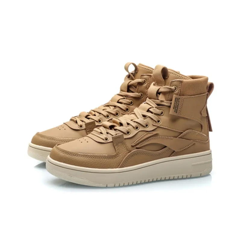 LiNing Qingchao Coverage Slip Resistant Cushioning Abrasion Resistant High Top Skateboard Shoes Men's Brown White-2