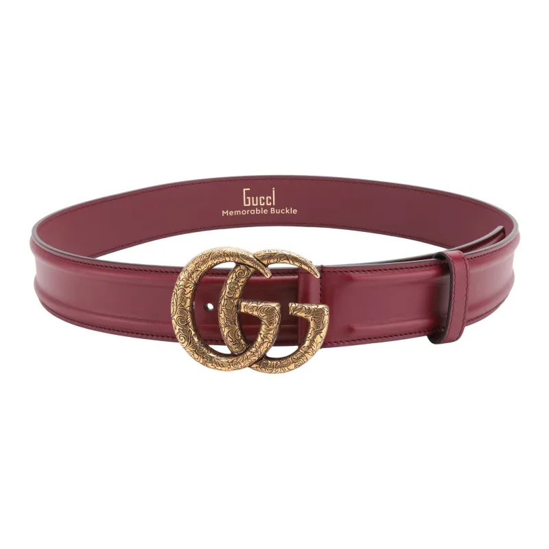 GUCCI Gold Tuning Engraving Accessories Carved Double G Smooth Buckle Leather Belts Women's Width  4cm-1