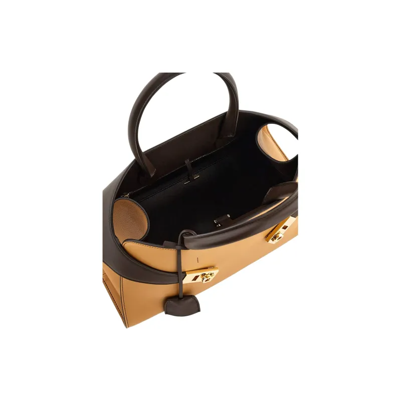 FERRAGAMO Calfskin Handbag Small Size Women's Camel & Dark Brown-4