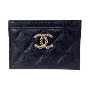 CHANEL Embossed Shiny Calfskin Card Holder Small Size Women's Blue