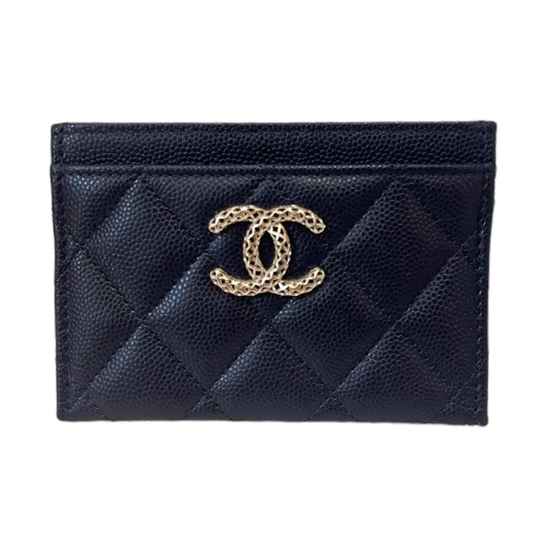 CHANEL Grain Embossed Caviar Shiny Calfskin Card Holder Trumpets Women's Blue-0