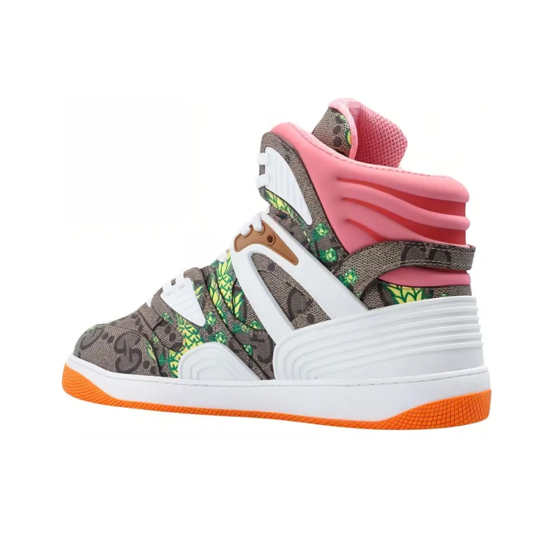 GUCCI Pineapple High Top Skateboard Shoes Men's Beige Brown-3