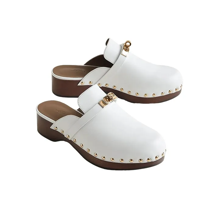 HERMES Carlotta Closed Toe Slippers Women's White-3