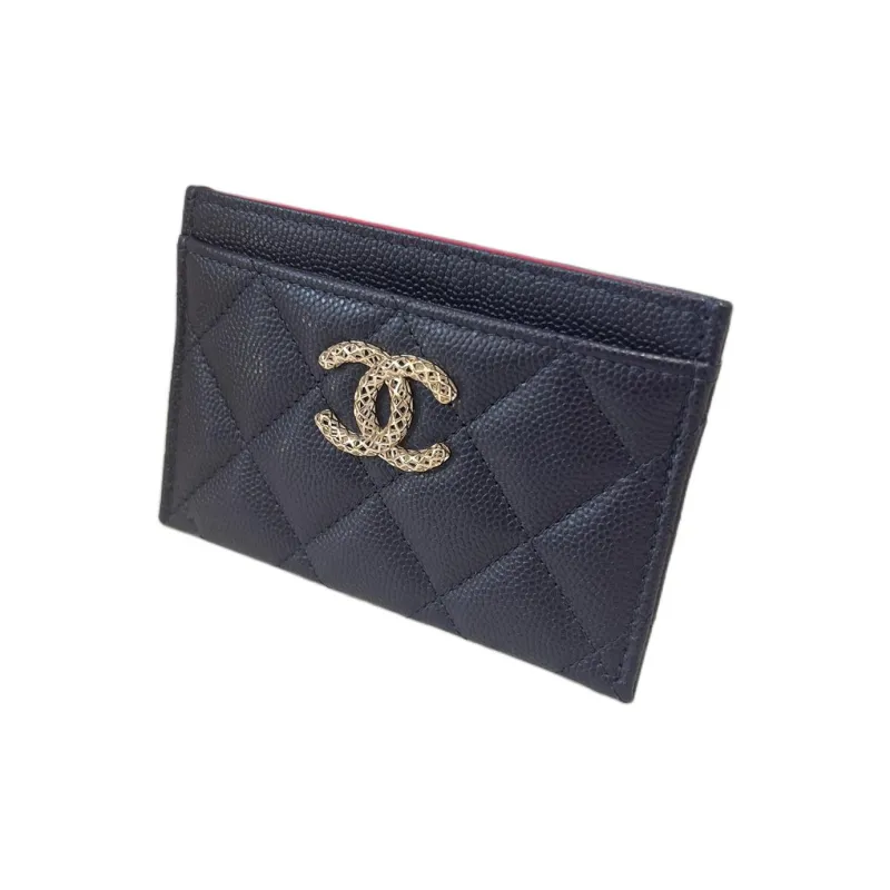 CHANEL Grain Embossed Caviar Shiny Calfskin Card Holder Trumpets Women's Blue-1