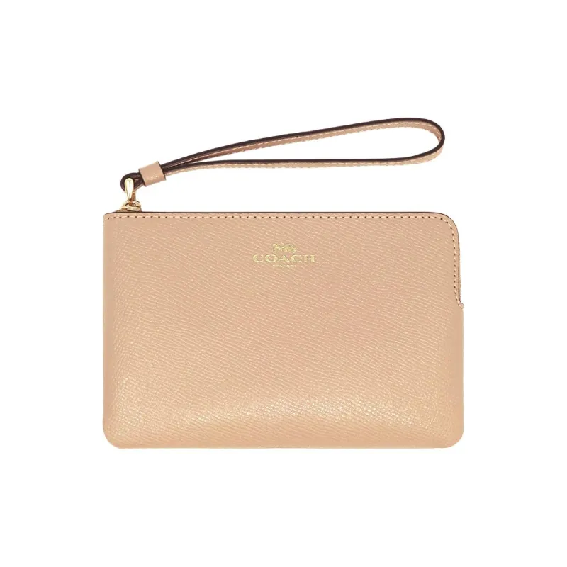 COACH Corner Zip Leather Wrist Bag, Coin Purse, Pochette, Clutch Women's Milk Tea-1