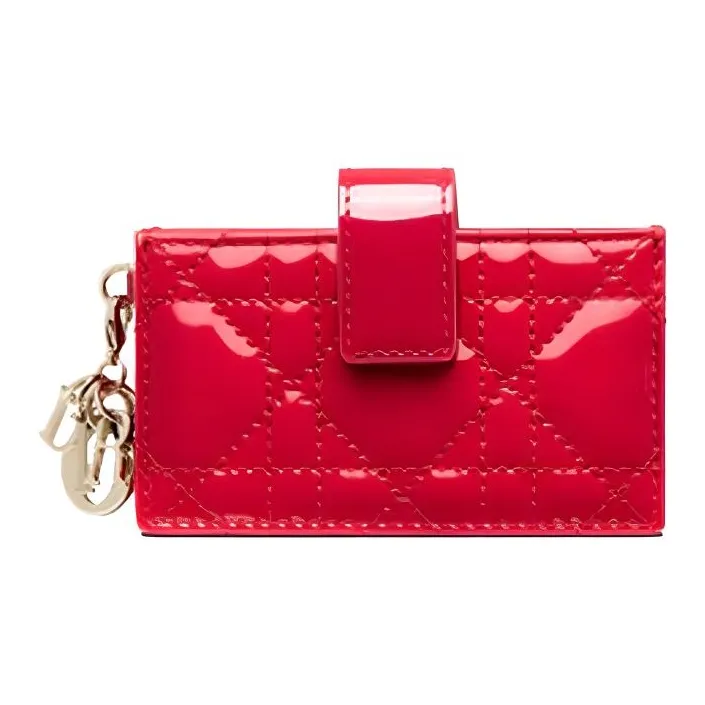 DIOR Lady Dior Patent Leather, Cow Leather Coin Purse, Card Holder Women's Raspberry Red-0