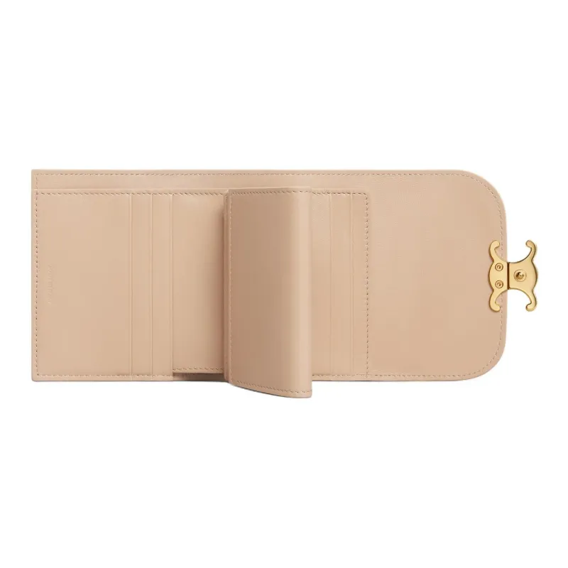 CELINE Triomphe Shiny Calfskin Wallet Small Size Women's Beige-3