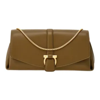 FERRAGAMO GANCINI Calfskin Shoulder Bag Crossbody Bag Medium Size Women's Olive Green