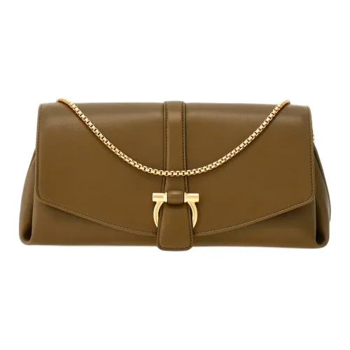 FERRAGAMO GANCINI Calfskin Shoulder Bag Crossbody Bag Medium Size Women's Olive Green