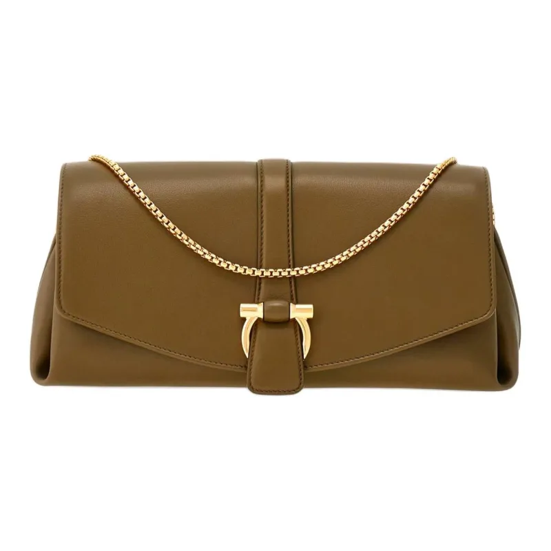 FERRAGAMO GANCINI Calfskin Shoulder Bag Crossbody Bag Medium Size Women's Olive Green-0
