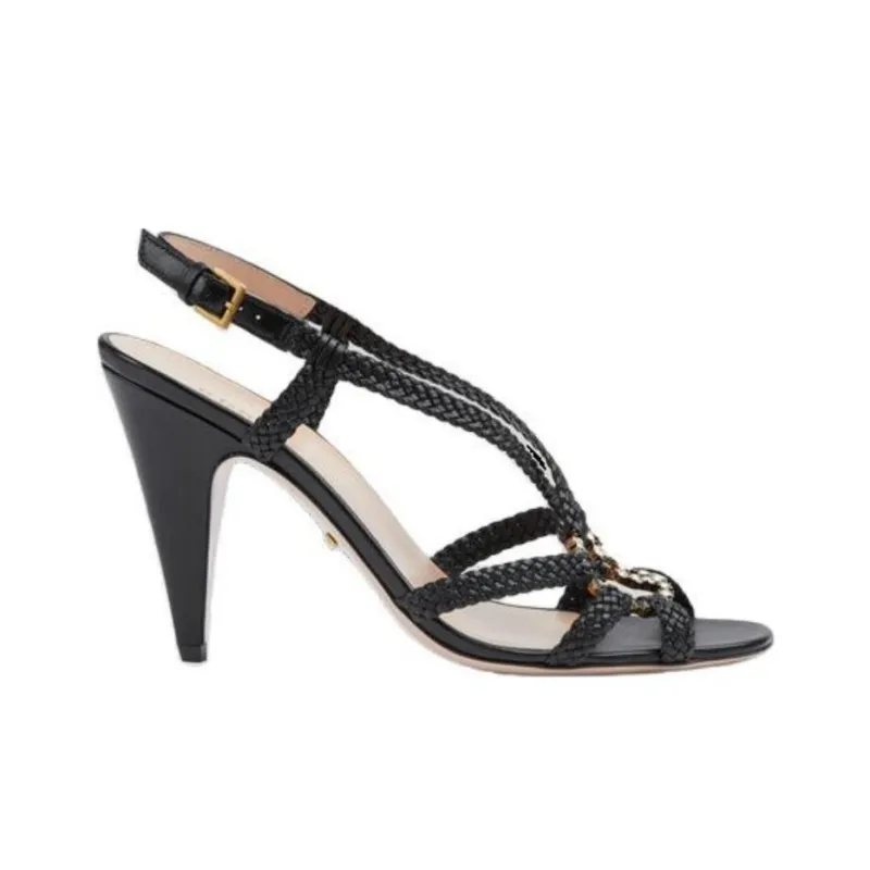 GUCCI Crystal Interlocking G Heeled Sandals Black Braided Leather Women's-1