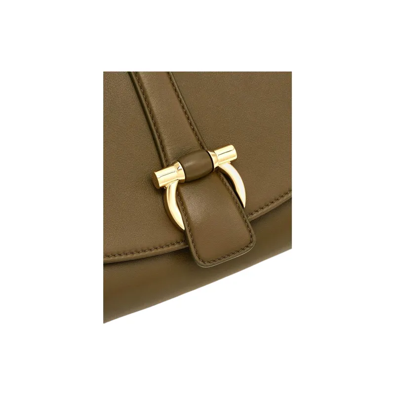FERRAGAMO GANCINI Calfskin Shoulder Bag Crossbody Bag Medium Size Women's Olive Green-7