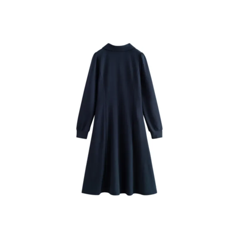 Initial Language Long Sleeved Dresses Women's Navy Blue-1