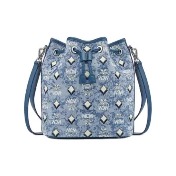 MCM Vintage Monogram Jacquard Fabric With Cow Leather Portable Crossbody Bag, Shoulder Bag Medium Size Women's Blue