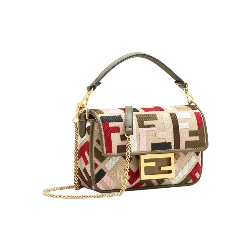 FENDI Baguette With Cotton Shoulder Bag, Crossbody Bag, Handbag Mini Women's Pink Multicolor-1