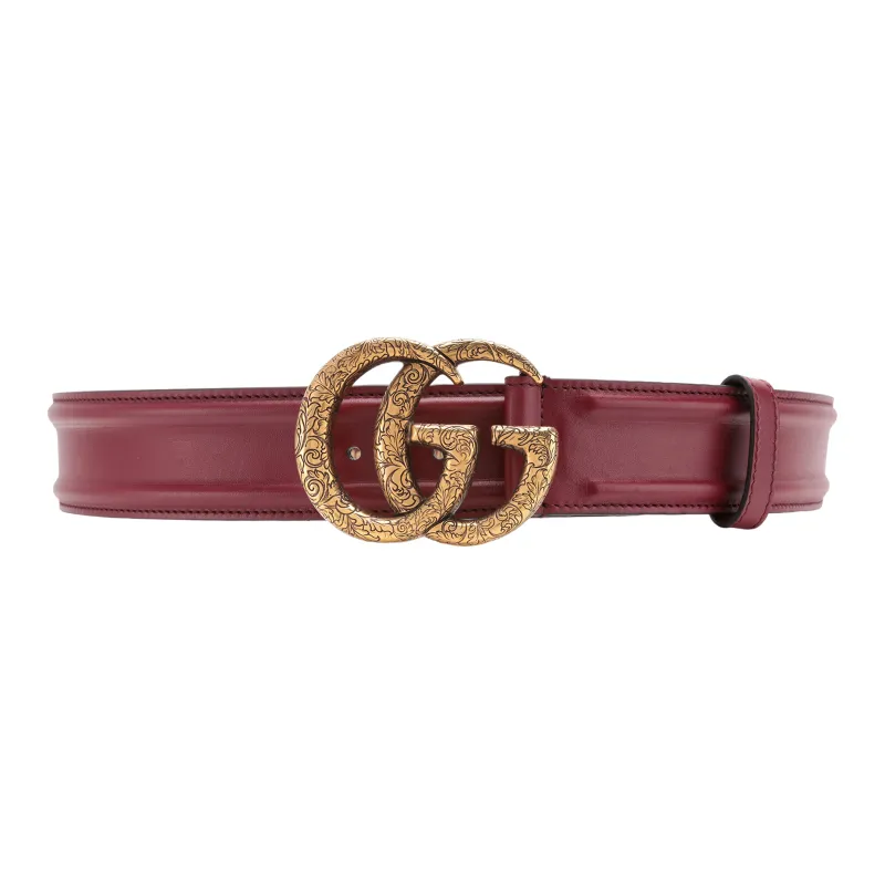 GUCCI Gold Tuning Engraving Accessories Carved Double G Smooth Buckle Leather Belts Women's Width  4cm-0
