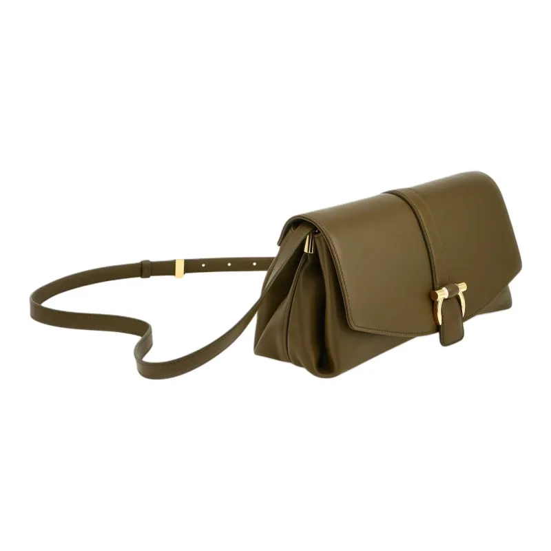 FERRAGAMO GANCINI Calfskin Shoulder Bag Crossbody Bag Medium Size Women's Olive Green-2