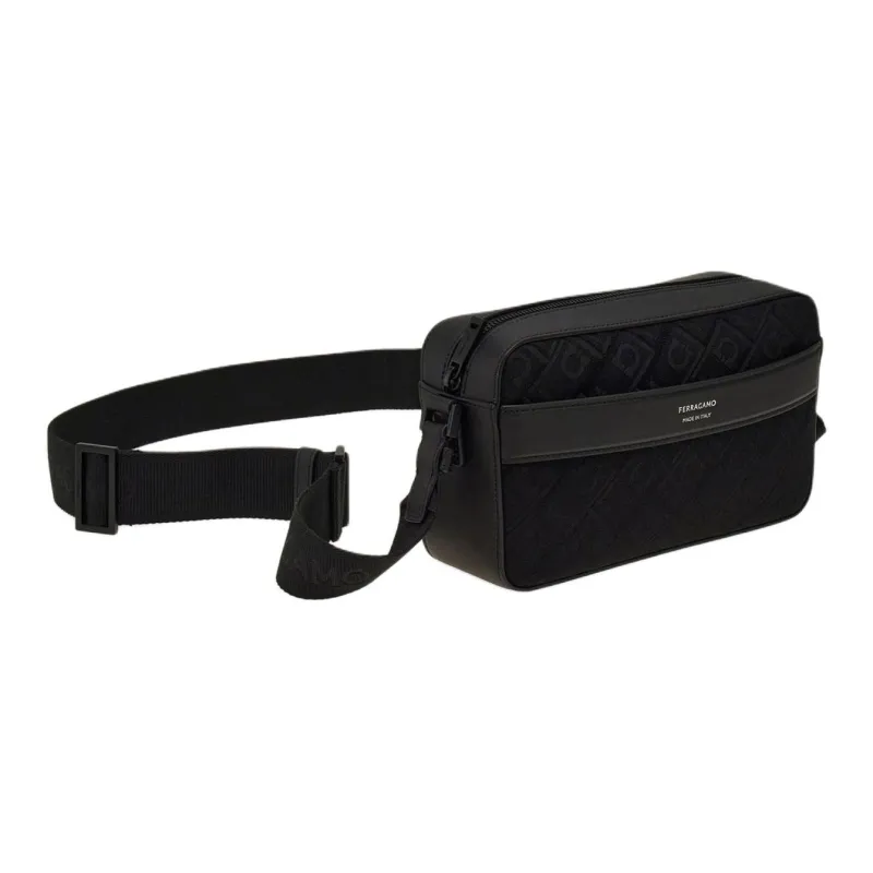 FERRAGAMO Calfskin Patchwork Fabric Shoulder Bag Crossbody Bag Men's Black-3